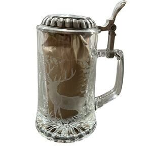 Domex | Dad Etched Lid Glass W/ Elk Deer & Trees Beer Stein Mug Hinge Pewter